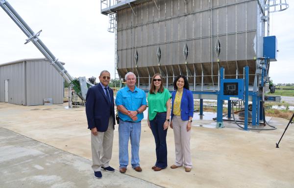 Brad and Amy Thompson with Agriculture Deputy Secretary Xochitl Torres Small and Congressman Sanford D. Bishop, Jr. on April 3, 2024 at the grain dryer facility.